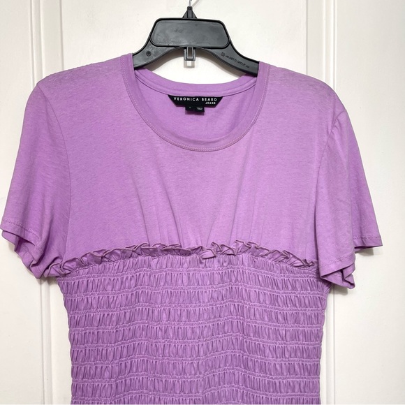 New Veronica Beard Tomlin Smocked Bodice Mini T-Shirt Dress in Violet Size L - Picture 6 of 13